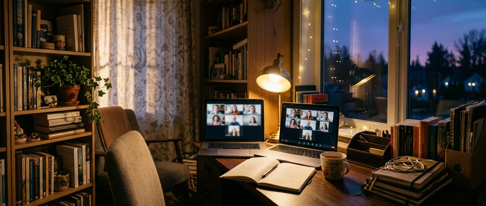 A cozy home office at dusk, laptop screen showing a grid of small video call windows with writers smiling, a warm desk lamp glowing beside a notebook and a mug of tea.