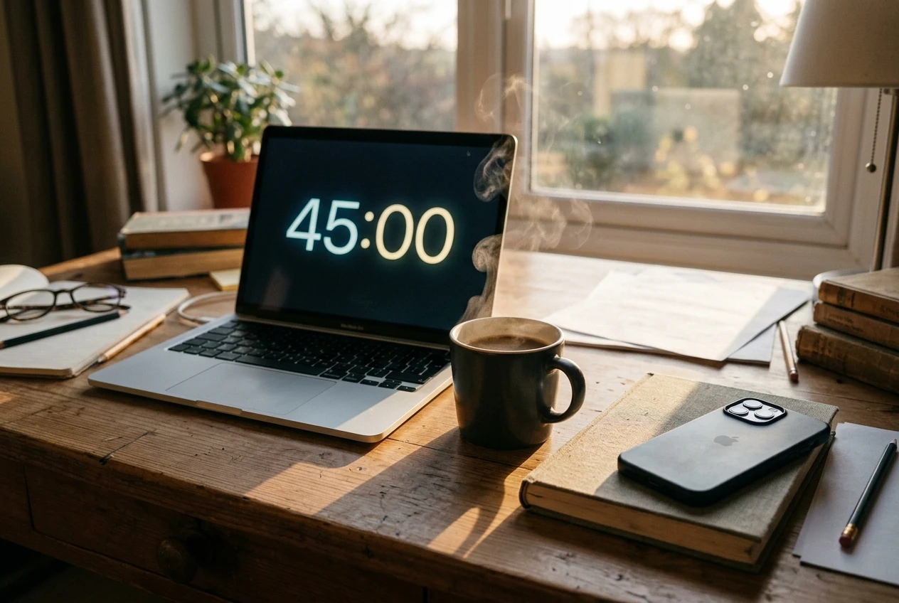A writer's desk in early morning light, a laptop open with a large countdown timer on screen, a steaming cup of coffee, phone face-down beside a closed notebook to show notifications silenced.