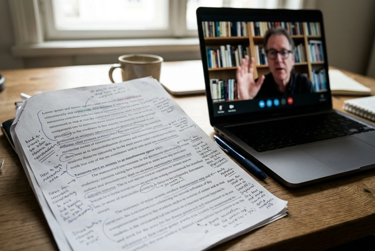 Close-up of a printed manuscript page covered in handwritten notes and underlines next to an open laptop showing a video call with an instructor mid-explanation, soft midday light through a window.