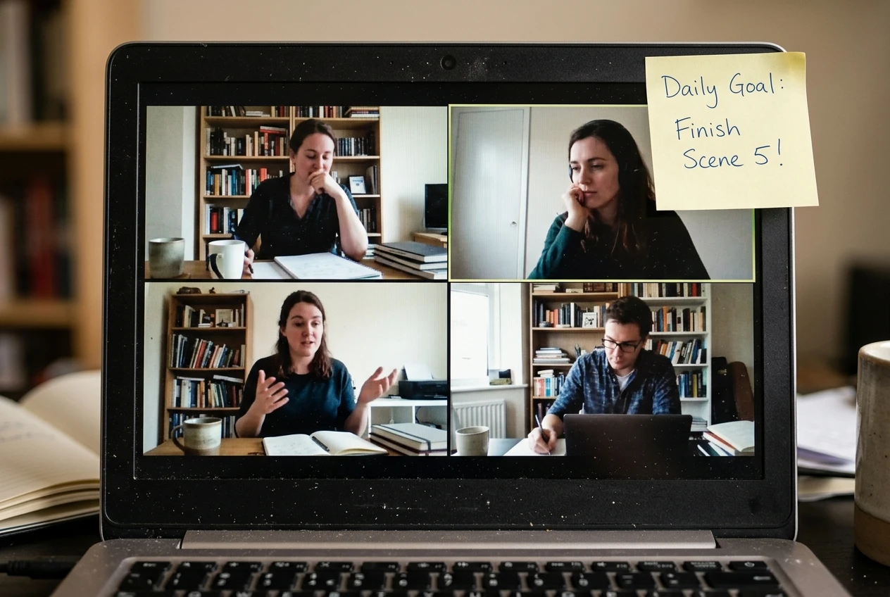 A laptop screen split into four small video windows showing writers nodding and talking to each other, a sticky note with a handwritten goal stuck to the edge of the screen.