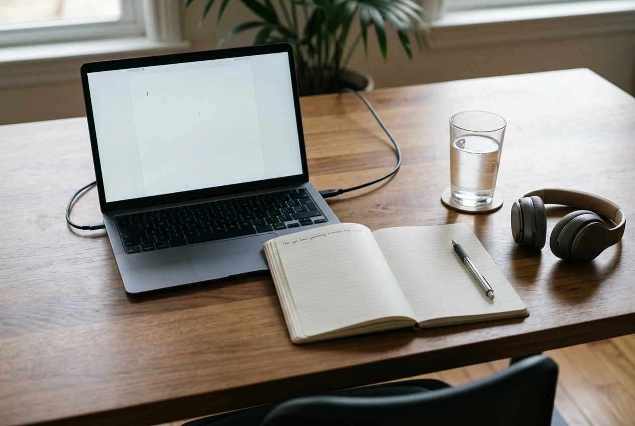 A tidy desk laid out in preparation: an open laptop with a blank document, a charging cable, a notebook with one sentence written on the top line, a glass of water, and a pair of headphones.
